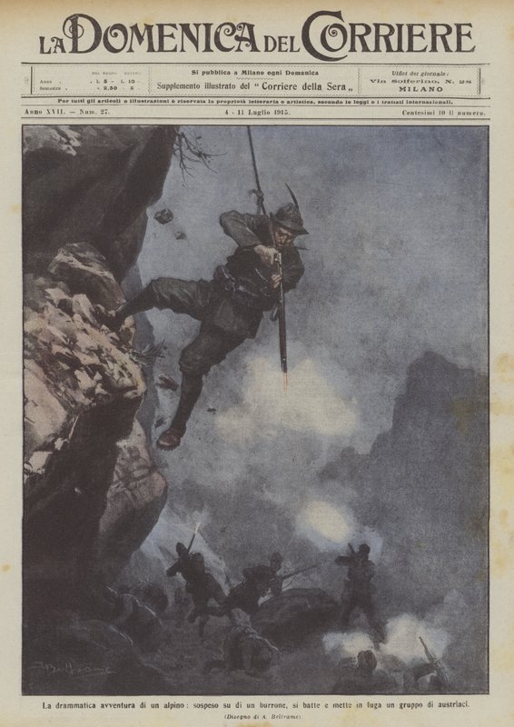 The dramatic adventure of an alpine soldier, suspended over a ravine, fights and drives away a group of Austrians by Achille Beltrame