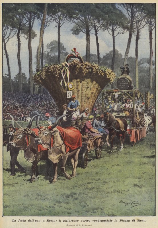 The Grape Festival in Rome, the Picturesque Harvest Parade in Piazza di Siena by Achille Beltrame