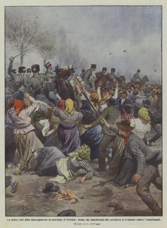 The serious unemployment crisis in the province of Ferrara, women preventing the cavalry by Achille Beltrame
