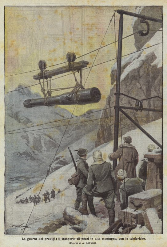 The war of wonders, transporting pieces in high mountains with cable cars by Achille Beltrame