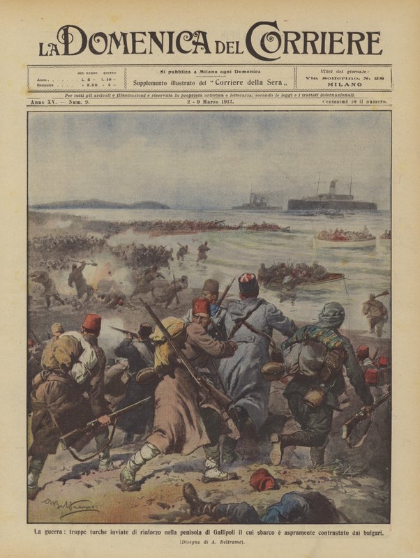 The war, Turkish troops sent as reinforcements to the Gallipoli peninsula, their landing by Achille Beltrame