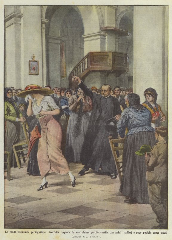 The Persecuted Female Fashion, Girl Rejected by a Church for Wearing Low-Cut Clothes by Achille Beltrame
