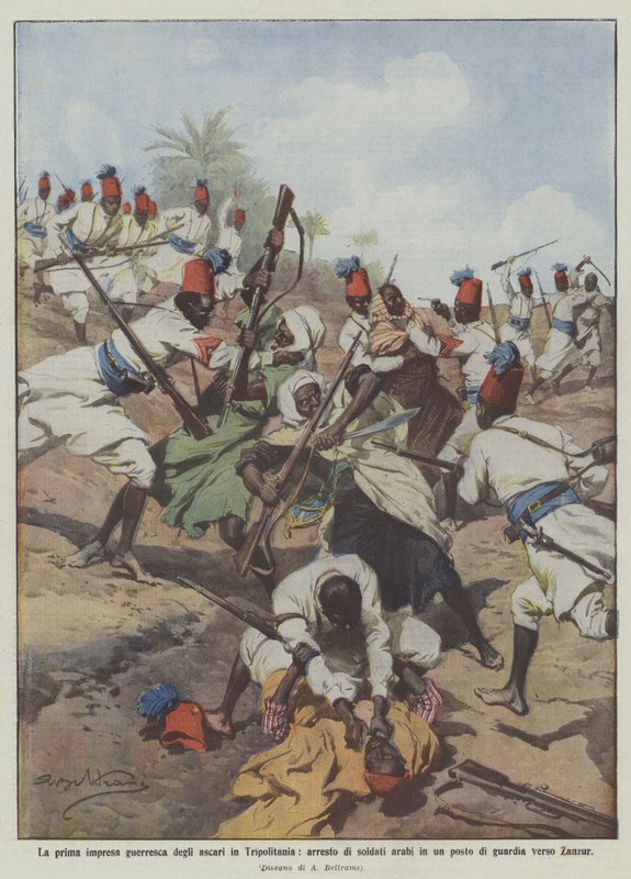 The First Military Enterprise of the Ascari in Tripolitania, Arrest of Arab Soldiers at a Post by Achille Beltrame