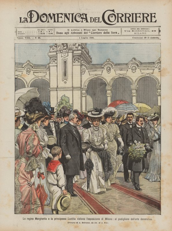 Queen Margherita and Princess Laetitia visit the Milan Exhibition, at the decorative art pavilion by Achille Beltrame