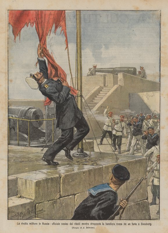 The military revolt in Russia, officer killed by rebels while tearing down the red flag by Achille Beltrame