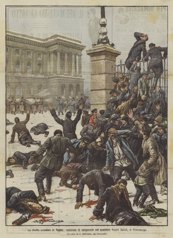 The popular revolt in Russia, killing of strikers in the Vassili Ostrof district of St. Petersburg by Achille Beltrame