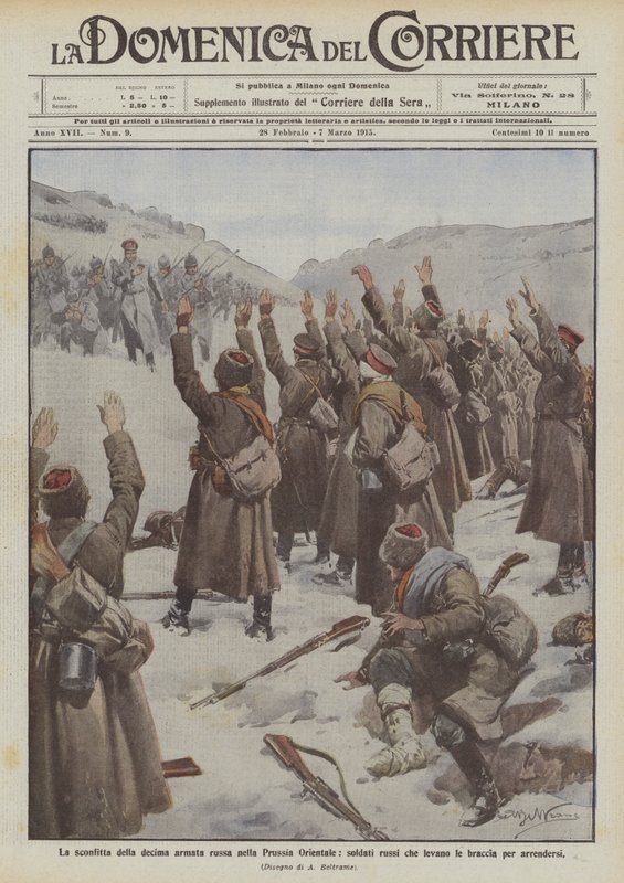 The defeat of the tenth Russian army in East Prussia, Russian soldiers raising their arms to surrender by Achille Beltrame