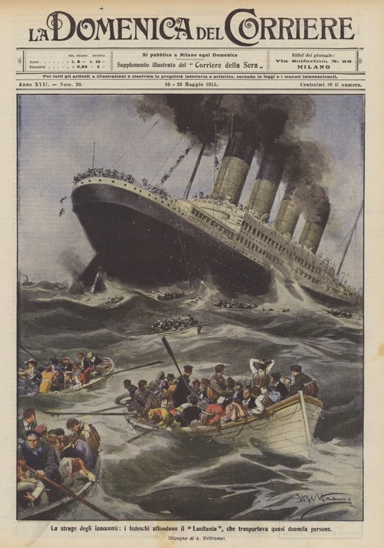 The massacre of the innocents, the Germans sink the Lusitania, which was carrying almost two thousand people by Achille Beltrame