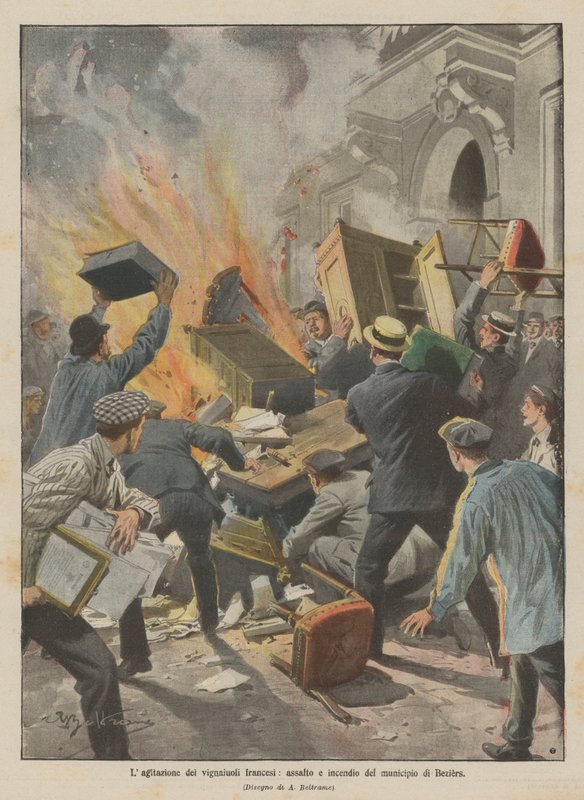 The Agitation of French Winegrowers, Assault and Burning of the Town Hall of Beziers by Achille Beltrame