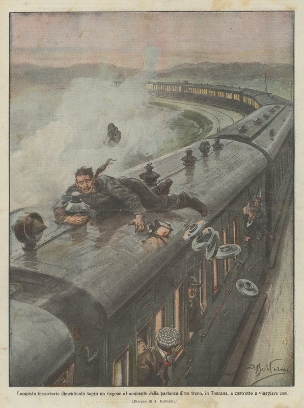Railway Lampman Forgotten on Top of a Carriage at the Departure of a Train in Tuscany by Achille Beltrame