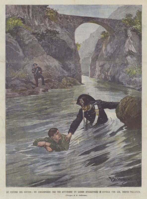 The Victims of Duty, A Carabiniere Who, to Catch a Thief Who Escaped Him, Drowns with Him, Near Pallanza by Achille Beltrame