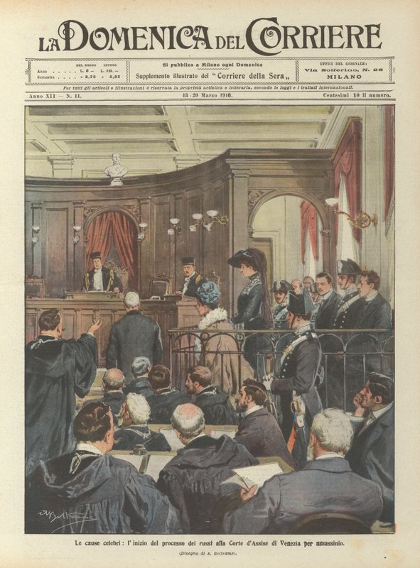 The famous cases, the start of the trial of the Russians at the Court of Assizes in Venice for murder by Achille Beltrame