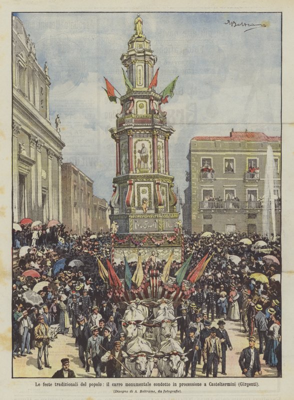 The Traditional Festivals of the People, the Monumental Cart Procession in Casteltermini (Girgenti) by Achille Beltrame