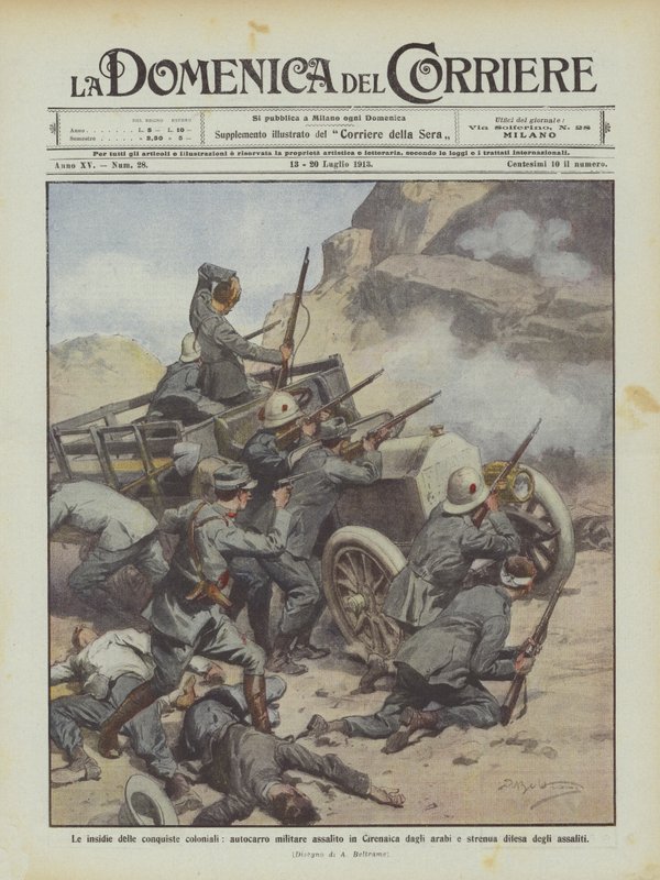 The dangers of colonial conquests, military truck attacked in Cyrenaica by Arabs by Achille Beltrame