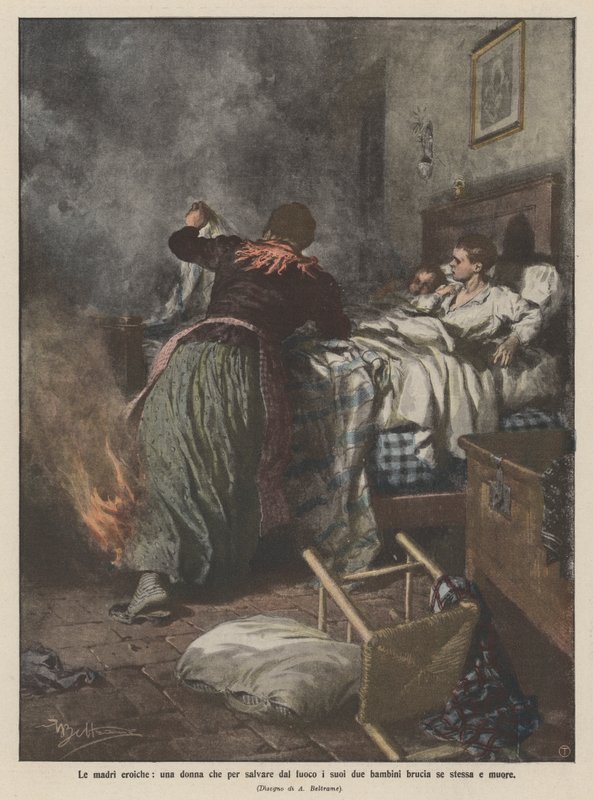 Heroic mothers, a woman who burns herself to save her two children from the fire and dies by Achille Beltrame