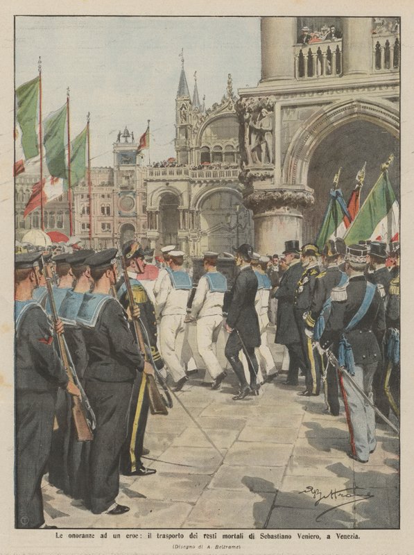 Honors to a Hero, the Transport of the Mortal Remains of Sebastiano Veniero to Venice by Achille Beltrame