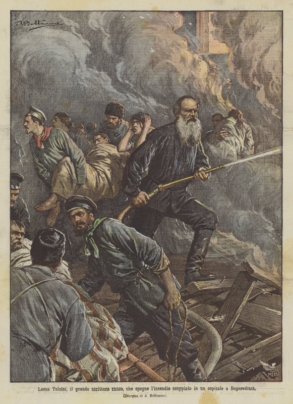 Leo Tolstoy, the great Russian writer, extinguishing a fire in a hospital in Bogoroditsk by Achille Beltrame