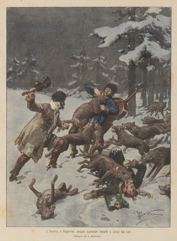 Winter in Hungary, Gypsy Musicians Attacked and Killed by Wolves by Achille Beltrame