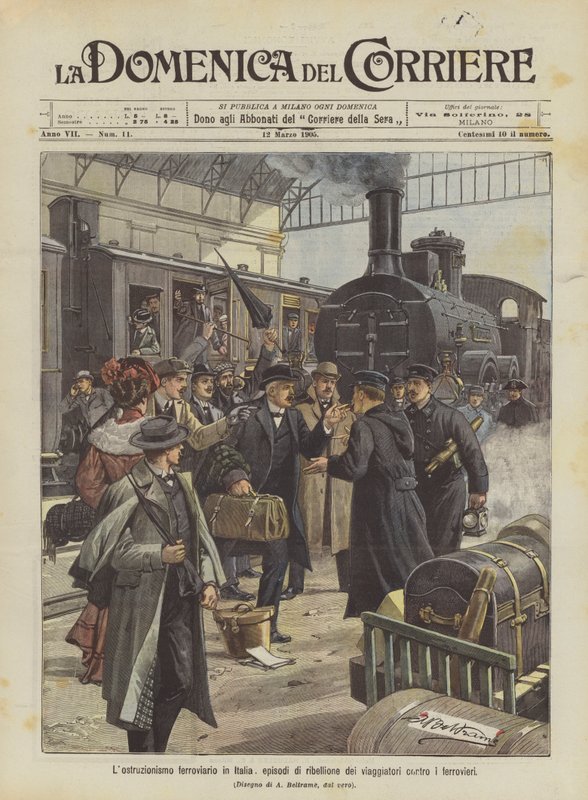 Railway obstructionism in Italy, episodes of rebellion by travelers against railway workers by Achille Beltrame