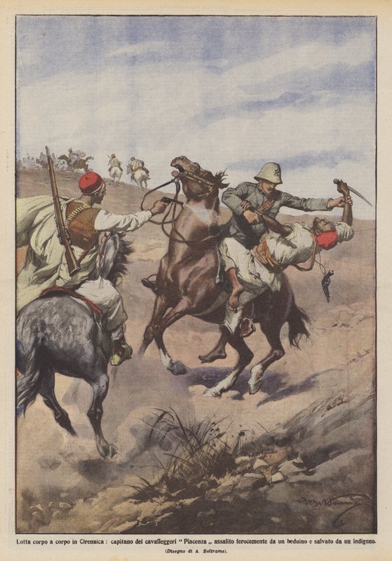 Hand-to-Hand Combat in Cyrenaica, Captain of the Piacenza Cavalry Fiercely Attacked by Achille Beltrame