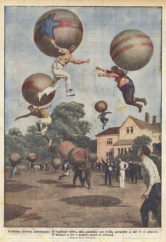 The latest American invention, the baby balloon that, inflated with helium, allows anyone attached to it by Achille Beltrame