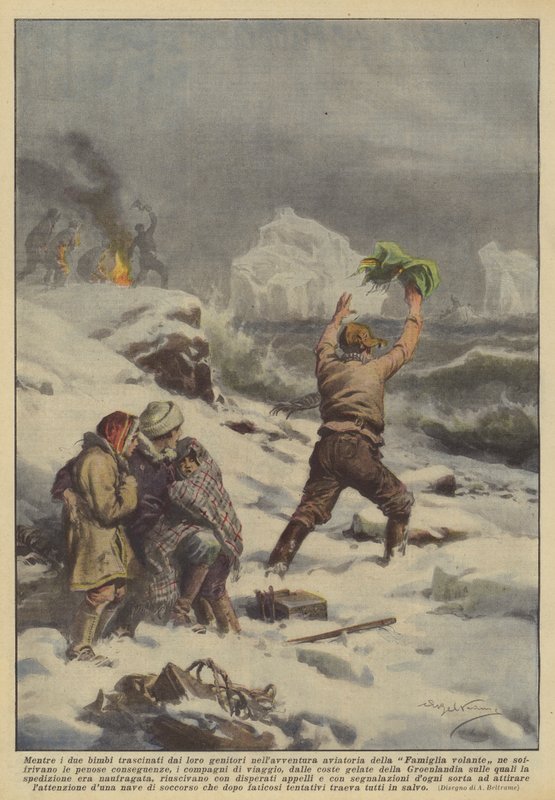 While the Two Children Dragged by Their Parents into the Aviation Adventure of the Flying Family... by Achille Beltrame
