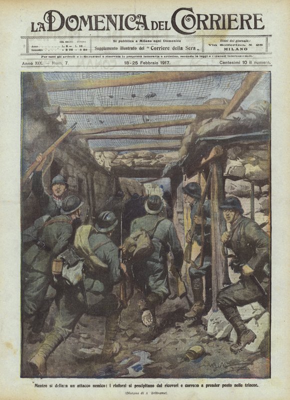 As an enemy attack is outlined, reinforcements rush from shelters and run to take positions in the trenches by Achille Beltrame
