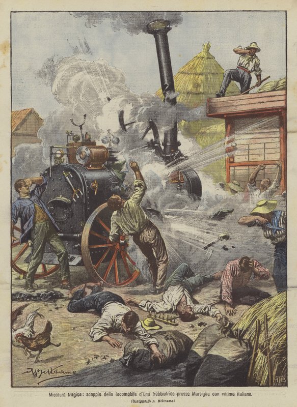 Tragic Harvest, Explosion of the Locomobile of a Thresher Near Marseille with Italian Victims by Achille Beltrame