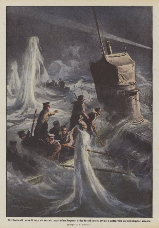In the Dardanelles, under Turkish fire, a daring feat of two English boats sent by Achille Beltrame