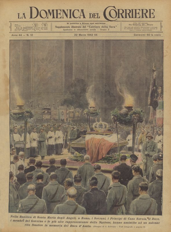 In the Basilica of Santa Maria degli Angeli in Rome, the Sovereigns, the Princes of the House of Savoy, the Duce... by Achille Beltrame