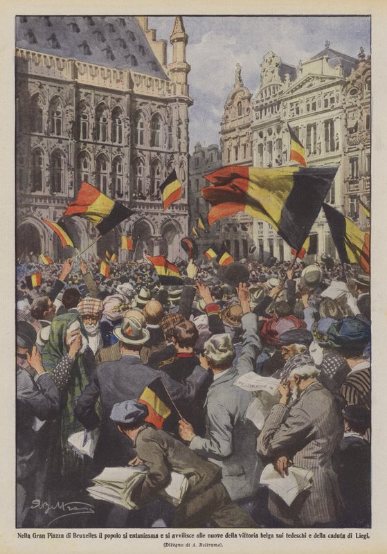 In the Grand Place of Brussels, the People Enthuse and Despair at the News of Belgian Victory Over the Germans and the Fall of Liege by Achille Beltrame