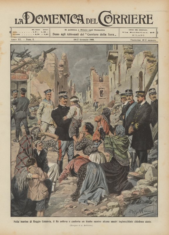 In the Marina of Reggio Calabria, the King Lifts and Comforts a Child While Some Kneeling Mothers Ask for Help by Achille Beltrame