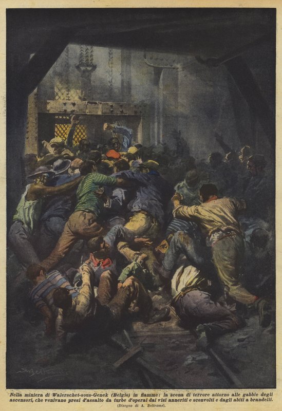 In the Waterschei-sous-Genk mine (Belgium) on fire, the scene of terror around the cages by Achille Beltrame