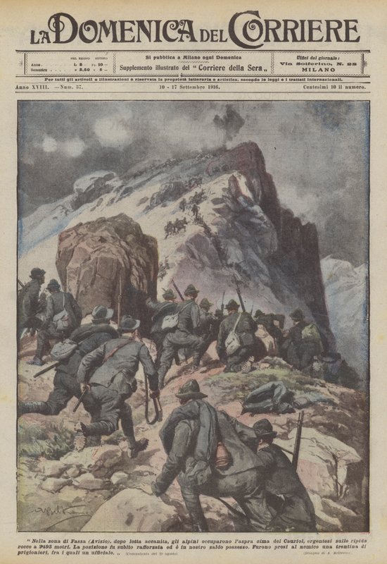 In the Fassa area (Avisio), after a fierce fight, the alpini occupied the rugged peak of Cauriol... by Achille Beltrame