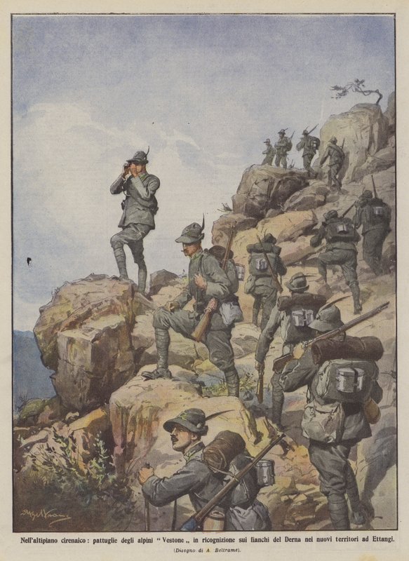 On the Cyrenaic plateau, Vestone alpine patrols scouting the sides of Derna by Achille Beltrame