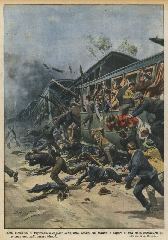Near Vigevano, Due to Thick Fog, Two Steam Trams of a Line? by Achille Beltrame