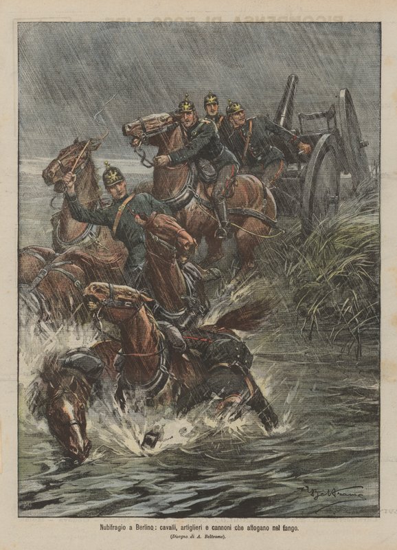 Storm in Berlin, horses, artillerymen, and cannons drowning in the mud by Achille Beltrame