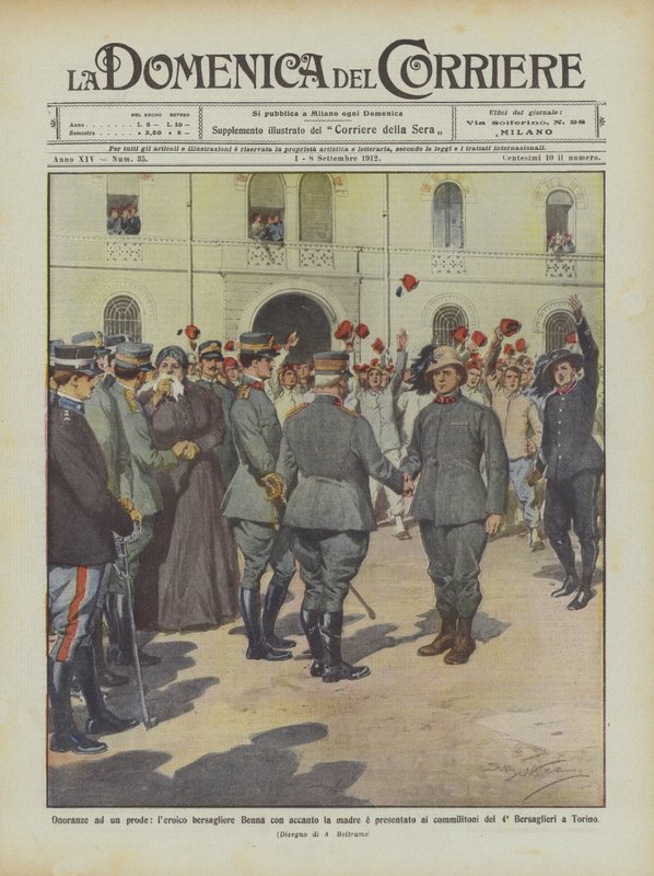 Honors to a Brave, the Heroic Bersagliere Benna with His Mother Presented to Comrades by Achille Beltrame
