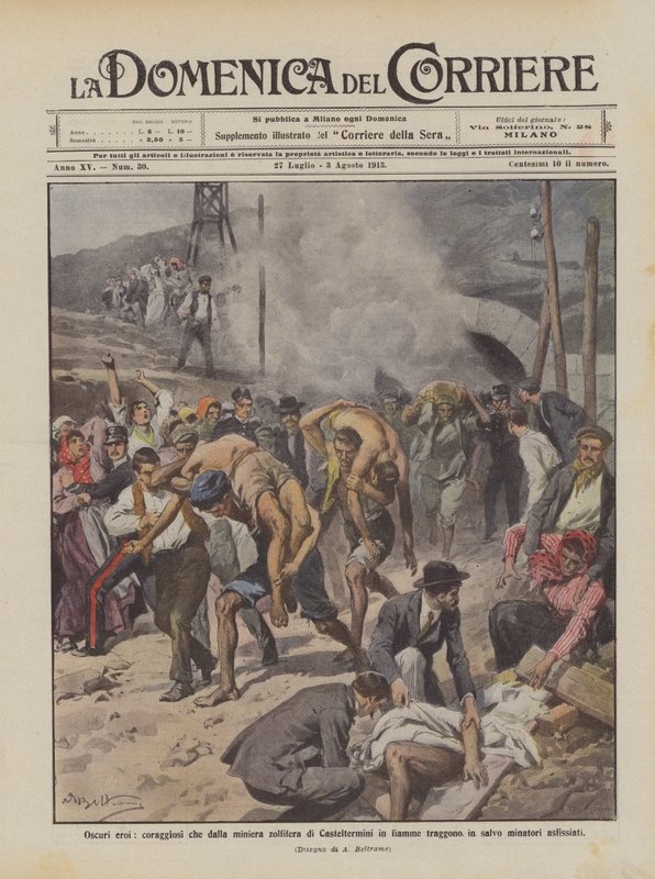 Unknown heroes, brave men who rescue people from the burning sulfur mine of Casteltermini by Achille Beltrame