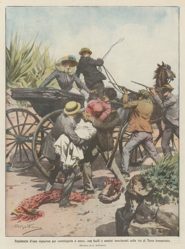 Kidnapping of a young lady to force her into marriage, with rifles and masked men, on the road to Torre Annunziata by Achille Beltrame