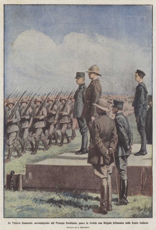 King Victor Emmanuel, Accompanied by the Crown Prince, Reviews a Brigade by Achille Beltrame