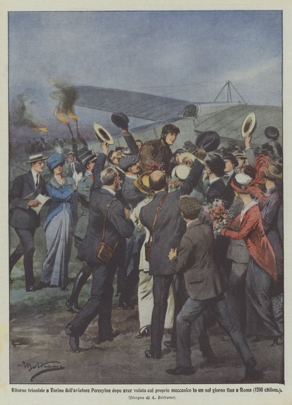 Triumphant return to Turin of aviator Perreylon after flying with his mechanic by Achille Beltrame