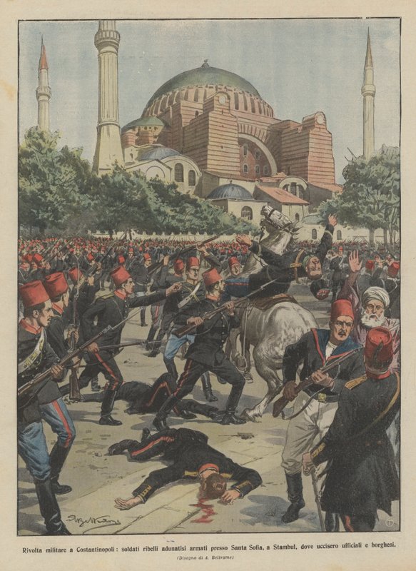 Military revolt in Constantinople, rebel soldiers gathered armed near Hagia Sophia, in Stambul by Achille Beltrame