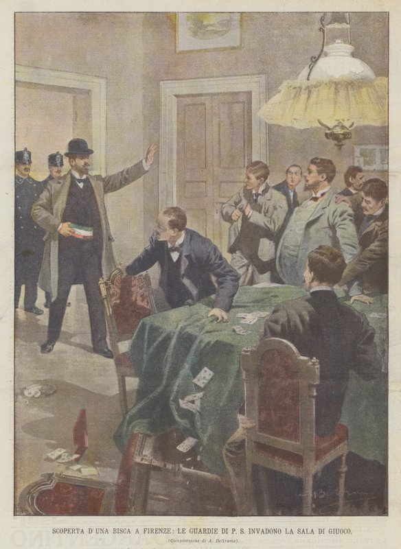 Discovery of a Gambling Den in Florence, The Police Invade the Gaming Room by Achille Beltrame