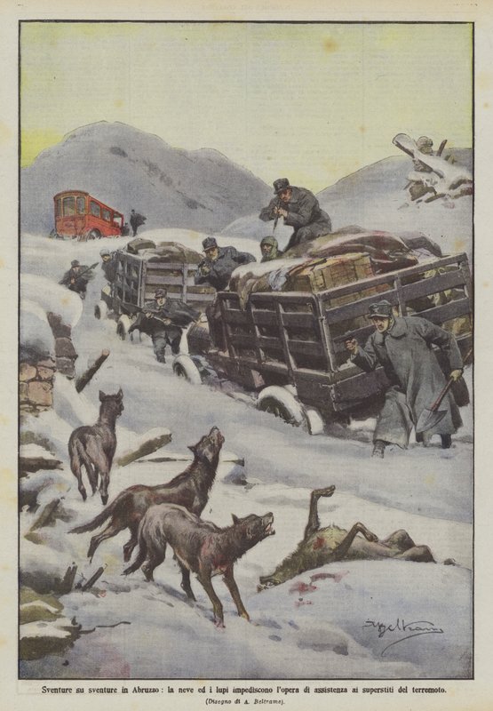 Misfortunes upon misfortunes in Abruzzo, snow and wolves hinder the rescue work for the earthquake survivors by Achille Beltrame