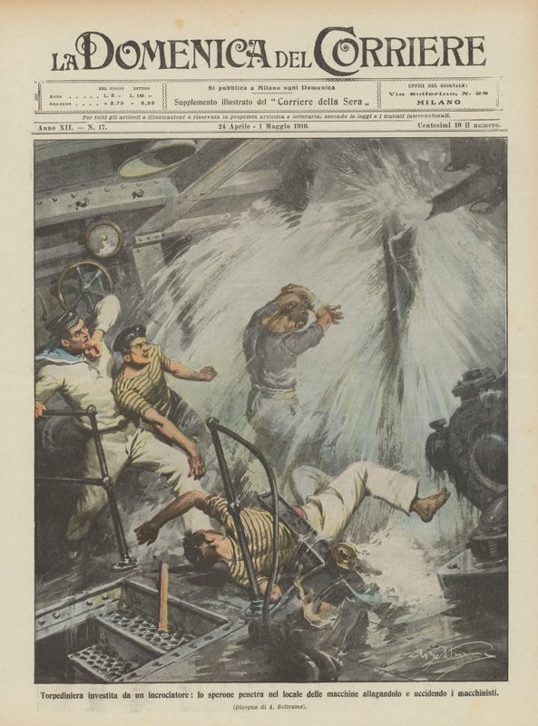 Torpedo boat hit by a cruiser, the ram penetrates the engine room by Achille Beltrame