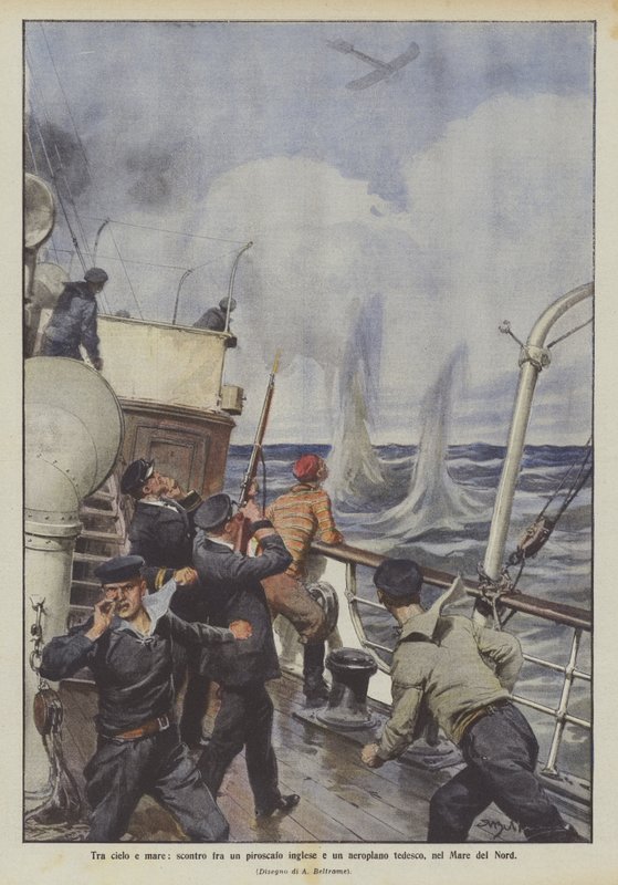 Between sky and sea, clash between an English steamer and a German airplane, in the North Sea by Achille Beltrame