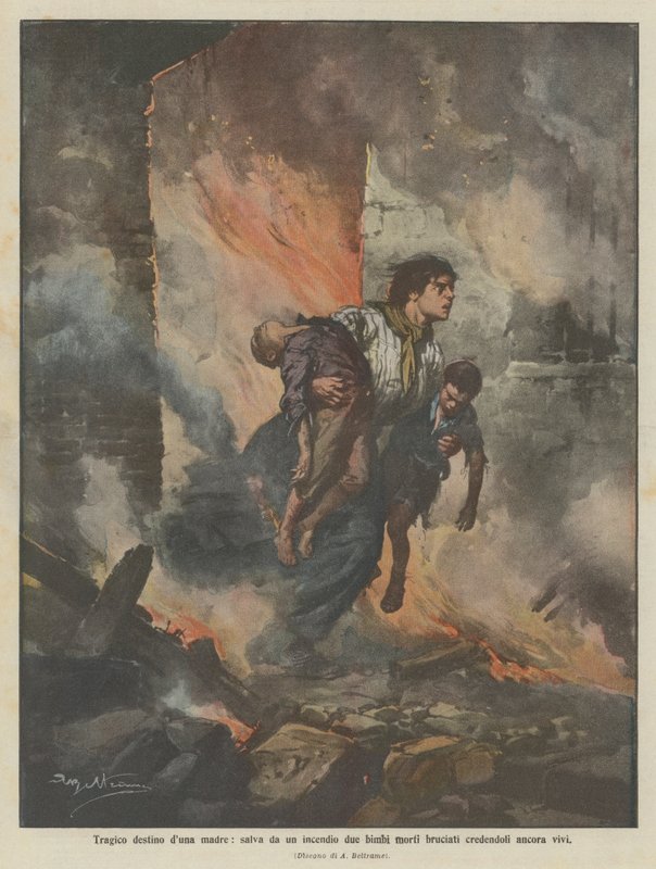 Tragic Fate of a Mother, Saves Two Children from a Fire, Believing Them Still Alive, But They Were Dead by Achille Beltrame