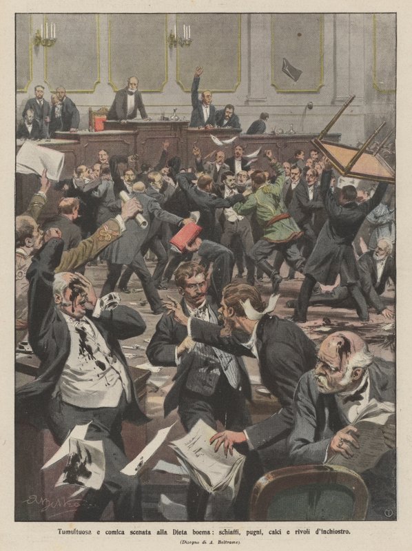 Tumultuous and Comical Scene at the Bohemian Diet, Slaps, Punches, Kicks, and Streams of Ink by Achille Beltrame
