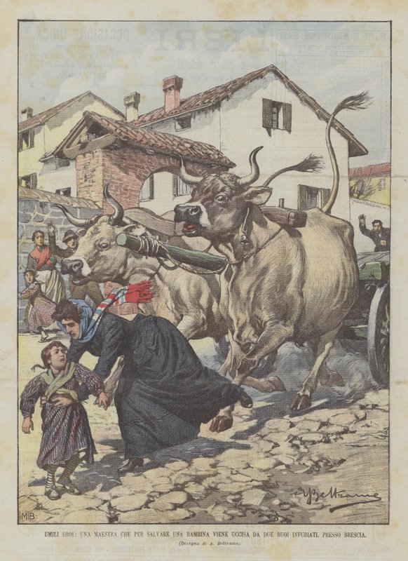 Humble Heroes, A Teacher Killed by Two Enraged Oxen While Saving a Girl Near Brescia by Achille Beltrame